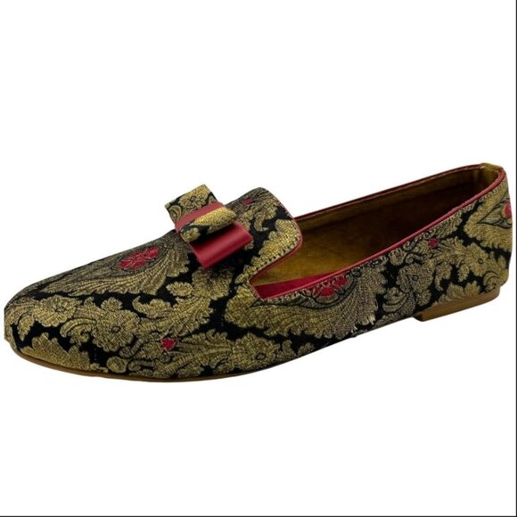 Mochari Pakistan Handcrafted Gold Black Red Brocade Loafers Women's Size 8 - Picture 1 of 13